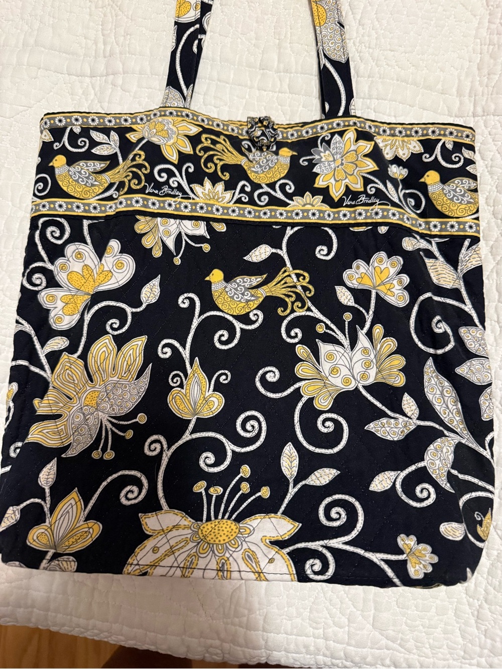 Vera Bradley Black, Yellow & White Floral Bird Quilted Tote Retired